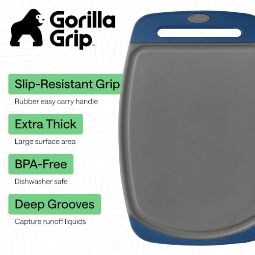 Image of GORILLA GRIP BPA-Free Reversible Kitchen Cutting Board Set of 3, US Designed, Nonporous, Juice Grooves Catch Liquid, Slip Resistant Border, Dishwasher Safe, Durable Food Chopping Boards, Gray Blue