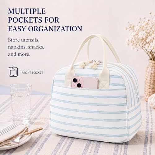 Image of LOVELYWIND Lunch Box for Women, Insulated Lunch Bag, Blue Stripe Tote