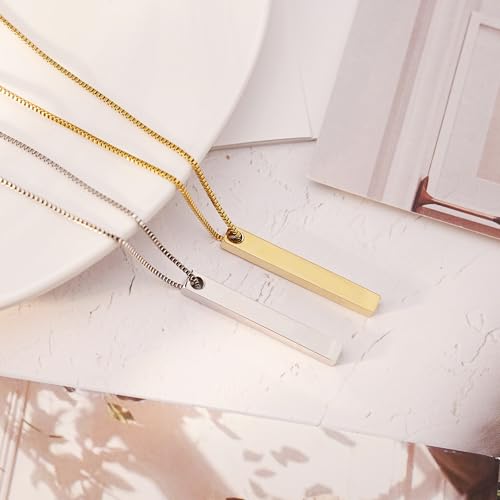 3D Vertical Bar Necklace Personalized 4 Side Engraved Text Box Chain Stainless Steel Jewelry Gifts for Women Men 4 Colors4