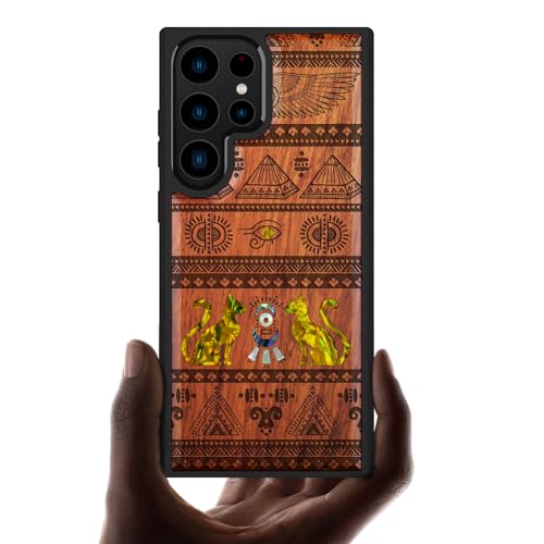 Coque Samsung S23 Ultra en bois gravé d'Égypte et nacre haut de gamme