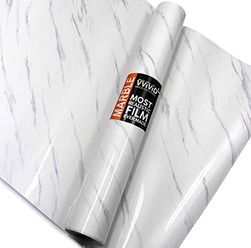 VViViD Slanted Gloss Carrara White Marble Natural Texture Architectural Vinyl Sheet Film Roll (48 Inch x 100ft Full Roll)
