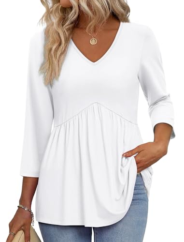 Image of OFEEFAN 3 /4 Length Sleeve Womens Tops 2026 Blouses for Women Dressy Casual Fashion Clothing V Neck Babydoll Tops Fall Outfits