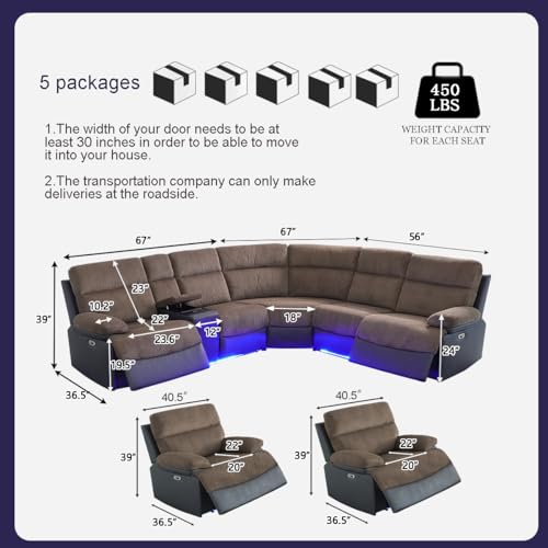 Image of Power Recliner Sofa Sectional Couch with LED Light for Living Room, Taupe Corduroy Reclining Corner Sectional Sofa with 4 Recliner Seats,Cup Holder,Storage Console for House /Home