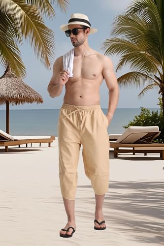 Men's Linen Capri Pants Beach Yoga Baggy 3/4 Shorts Lightweight Drawstring Elastic Waist with Pockets4