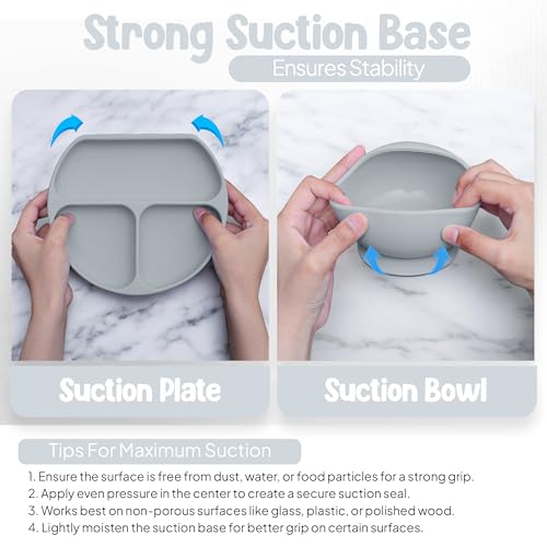 Image of O'doe BPA-Free Silicone Baby Feeding Set | Thick & Soft Suction Plates, Baby Food Bowl, Wooden Fork & Spoon, and More | Make Mealtime Fun and Easy for Your Little One