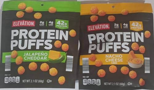 Elevation Keto Friendly Protein Puffs Nacho Cheese & Jalapeno Cheddar 2.1oz 60g (Two Bags)