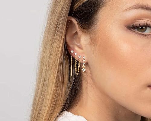 Moodear Gold Dangle Earrings 3/4 Pairs Dainty 14K Gold Plated Chain Earrings for Women Trendy Earring Stacks Set Cubic Zirconia Pearl Hoop Stud Hypoallergenic Earrings for Women Jewelry Gifts4