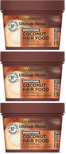 Image of Garnier Hair Food 3-in-1 Hair Treatment Mask, Smooths and Nourishes, For Frizzy & Curly Hair, No Silicones, Vegan Formula, Coconut Oil, Ultimate Blends, 400ml (Pack of 3)