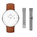 Produktbild Nordgreen Skandinavische Design Uhr Set Analog Quarz Silber | Weißes Ziffernblatt | 2 auswechselbare Armbänder: Braunes Leder & silbernes Mesh | Modell: Philosopher