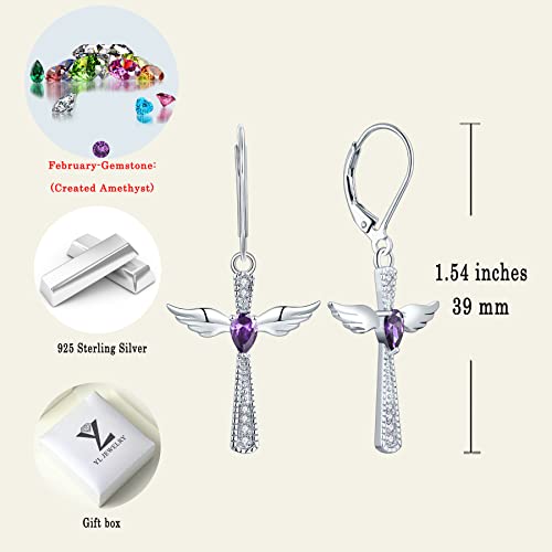 Yl Cross Earrings 925 Sterling Silver Angel Wings Leverback Earrings Teardrop Created Amethyst Criss Dangle Drop Jewelry #TOP5