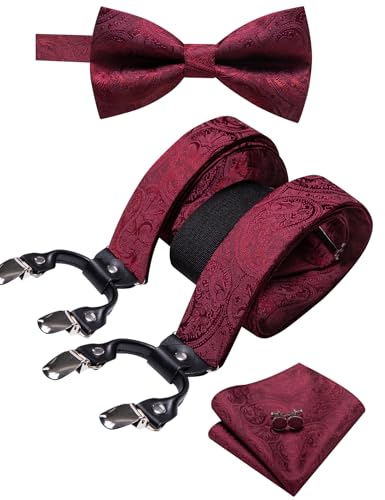 Image of YOHOWA Men Suspenders 6 Clips Strength Adjustable Y Braces Pre-Tied Bow Tie Set Formal Wedding Party