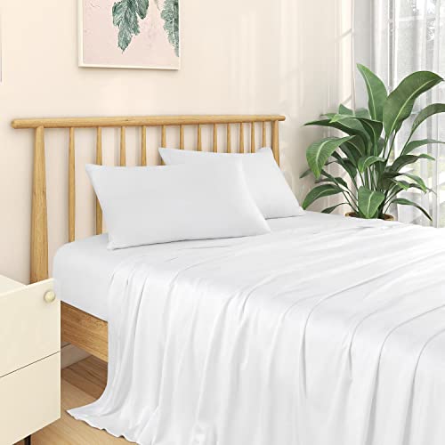 Kacemoo Cooling Bamboo Sheets Queen Size, 100% Viscose From Bamboo Breathable Bed Sheet Set, 17" Deep Pocket Silky Sheets, Soft, Machine Washable, Luxury High Thread Count Double Bed Sheets, White #TOP5