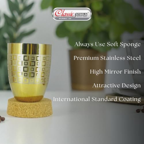 Image of Classic Steels Stainless Steel Gold Laser Lotus Glass Set of 6 for Water, Milk, Lassi & Juice | International Standard Food Grade PVD Gold Coating | 300 ML Each | 1 Year Guarantee