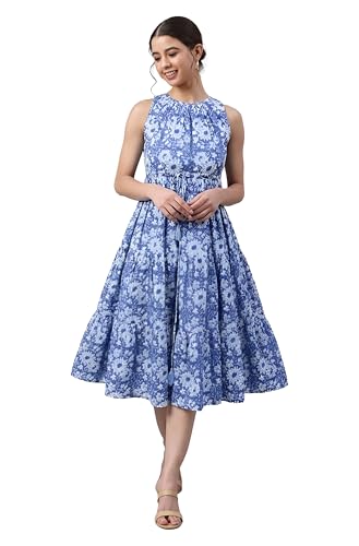 Image of Janasya Women's Blue Pure Cotton Floral Printed Tiered Dress