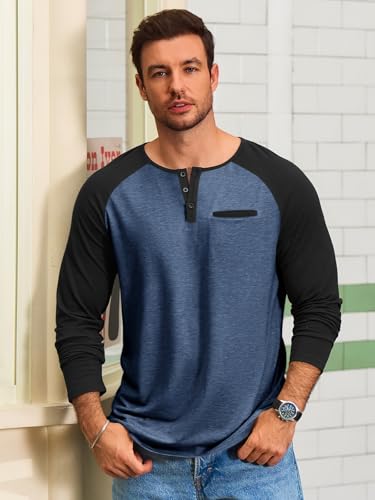 Runcati Mens Henley Shirts Raglan Long Sleeve Casual T-Shirts Color Block Button Shirt Vintage Tops with Pocket4