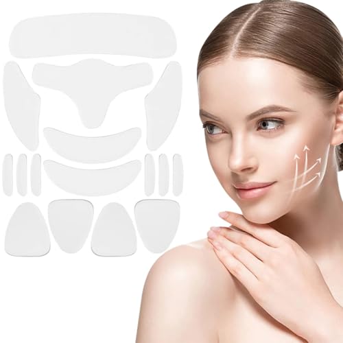16 Stücke Gesichtsglättungspflaster, Wiederverwendbare Silikon Falten Pads, Weiches und Hautfreundliches Design und Waschbar, für Stirn, Augen, Wangen, Mund und Brust