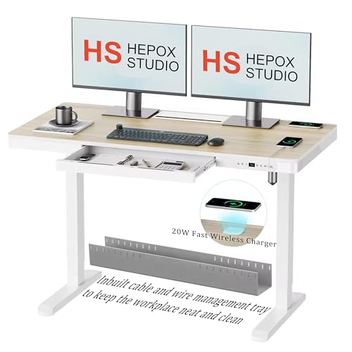Image of H25 Electric Height Adjustable Desk with Wireless Charging, USB & Type-C Ports,Child Safety Lock|Drawer|Sit-Stand Office Table, White,3-Year Warranty- Free Virtual Installation Guide