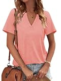 Cuptacc T-shirty z krótkim rękawem damskie topy z dekoltem w serek damskie letnie podstawowe luźne topy szykowne bluzki, koral, XXL