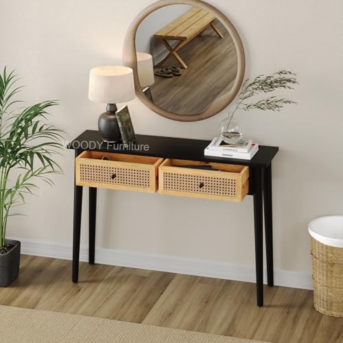 Image of WOODY Furniture Console Table with Storage | Solid Mango Wood Entryway Table for Living Room, Hallway & Bedroom | Foyer Desk (Black)