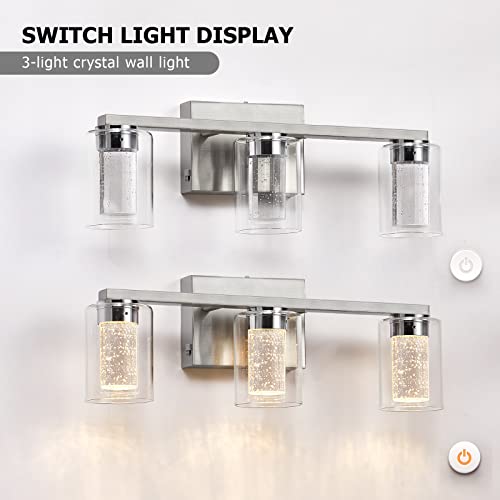 Sadenicel Brushed Nickel Vanity Lights, 3-Light Bathroom Light Fixtures, Crystal Led Bathroom Lights Dimmable White/Neutral/Warm Light With Clear Glass Shade For Bathroom Bedroom Hallway Lighting #TOP2
