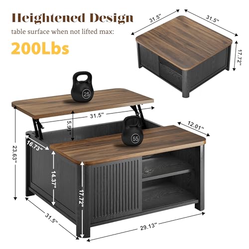 Image of Decofy Lift Top Coffee Table with Storage, Square Coffee Table with Large Hidden Storage & Adjustable Shelves, Farmhouse Center Table with Sliding Door for Living Room, Home Office, Black