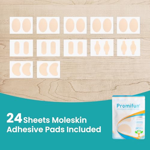 Image of Promifun Moleskin Strips with Adhesive Blister Prevention Pads,Beige 24 Pcs | Mole Skin Tape Stickers for Feet Heel Shoes Padding- 4 Pre-Cut Shape Blisert Bandage for Feet,Traveling Essentials