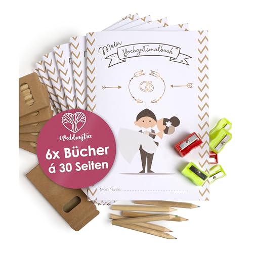 WeddingTree 6x Malblock - Malbuch für Kinder mit Buntstifte und Anspitzer - Gastgeschenke - Beschäftigung Hochzeit- Hochzeitsmalbuch, Weiß, A5
