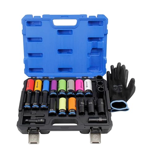 Kuntech 20Psc 1/2 Drive Lug Nut Socket Set Color Coded by Size Thin Wall Non-Marring 6-Point Impact Lug Extractor Kit Rugged Construction Flip Turbo Socket Set with a Storage Cage
