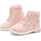 kufeiti Waterproof Ankle Boots for Women Non Slip Black Combat Boots Fall Winter Snow Lace Up Hiking Booties(Pink, US11)