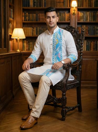 Image of Men's Jamdani Printed Kurta Pajama Set | Pure Cotton Ethnic Kurta with Mandarin Collar & Dupion Silk Pyjama | Festive & Weddings 303A12A 303SB12B(M XXL)
