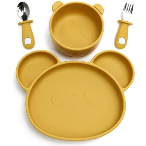 K-BABY Set repas bebe - Assiette ventouse pour bébé + bol + couvert bebe inox et silicone - Antidérapante - Coffret cadeau à partir de 4 mois - Sans BPA - Design Panda - JAUNE