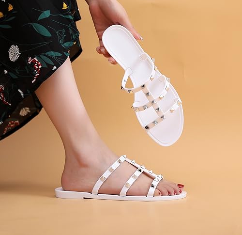 Image of Women Flats Sandals, Studded Jelly Shoes Size 9 Red Dressy Summer Beach Rivets Strappy Jellies Slide Slip On Open Toes