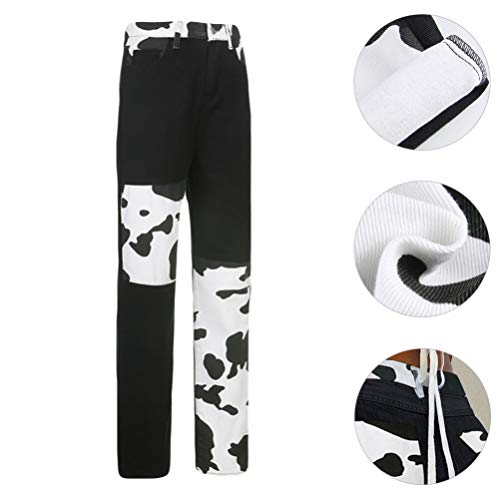 KESYOO Jeans Feminino Cow Jeans Patchwork Jeans Jeans de Cintura Alta Jeans Slim Calça Reta Patch Ca