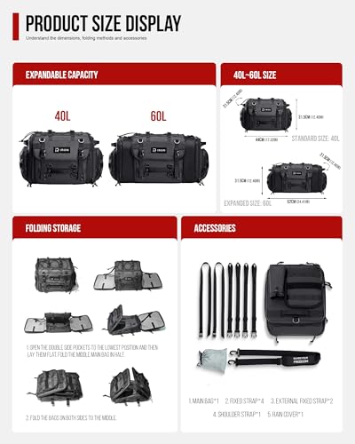 image for RIDEIRON Motorcycle Tail Bag, Expandable Motorcycle Travel Luggage Bag