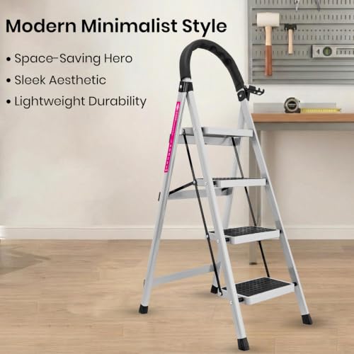 Image of Casa Copenhagen White 4 Step Ladder for Home Use with Built-in Tool Tray | Heavy Duty D Shape Rods | Ultra Large Platform | Wide Rubber Feet | 150Kg Capacity Foldable Ladder - 7 Years Warranty