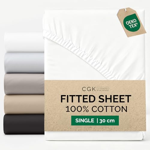Single Fitted Sheet 90x190 cm - 100% Cotton Sateen 400 Thread Count - Deep Fitted Sheet for Mattresses up to 30 cm (12")- Soft, Breathable & Wrinkle Free - Hotel Quality - OEKO-TEX - White