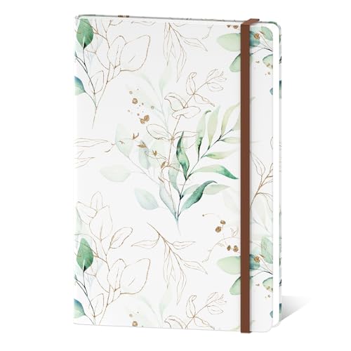 Hnogri Lined Journal Notebook, Hardcover Journal for Women, 160 Pages Thick Paper, Medium 5.7 x 8.4 in, Cute Aesthetic Floral A5 Ruled Notebook for Writing Journaling Work School Office, Golden Leaf