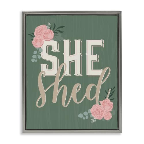 'She Shed Floral Pink Rose Calligraphy Sign'| Floating Frame Canvas Art
