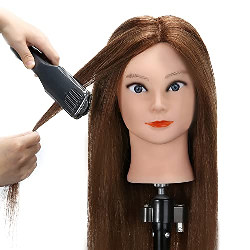 Silky 100% Human Real Hair Mannequin Head With 9 Tools And Clamp, Hairdressers' Practice Training Manikin Head And Cosmotology Doll Head For Hairstyling And Braid - Dark Brown #TOP4