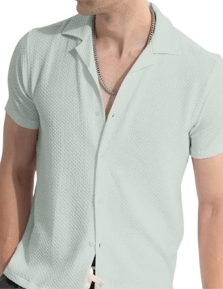 PLERIZAMen Regular Fit Self Design Bubble Fabric Spread Collar Casual Half Sleeve Shirt