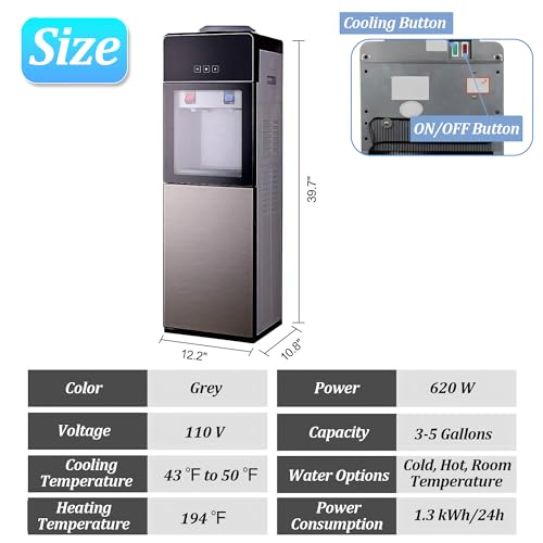 Timoau Water Cooler Dispenser for Top Loading 5 Gallon Water Cooler Dispensers, Tri Temp Dispense, Removable Drip Tray & Large Capacity Storage Cabinet, Perfect for Home Office School, Grey
