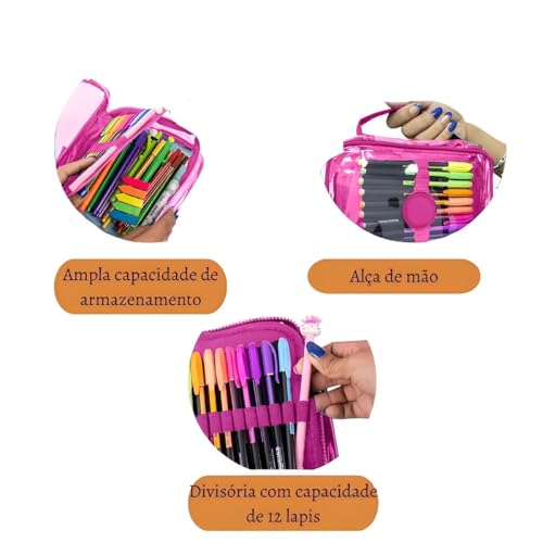 Estojo Escolar Juvenil Transparente Alça de Mão Porta Lápis Necessaire Bolsinha Cosmético Acessórios