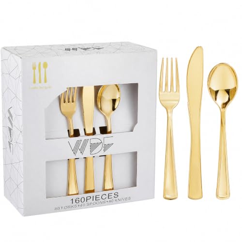 WDF 160 Pieces Gold Plastic Silverware - Heavy Duty Gold Plastic Utensils