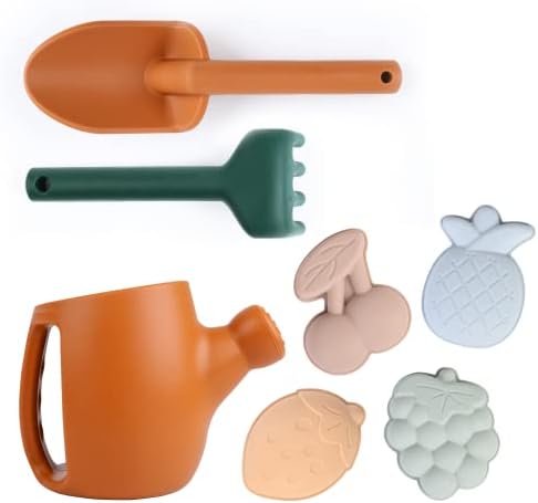 BLUE GINKGO Toddler Gardening Tools - Silicone Beach Toys, Garden Toys for Toddlers | Kids Shovel and Rake Set, Watering Can, Sand Molds | Outdoor Baby Gardening Set (Terracotta)