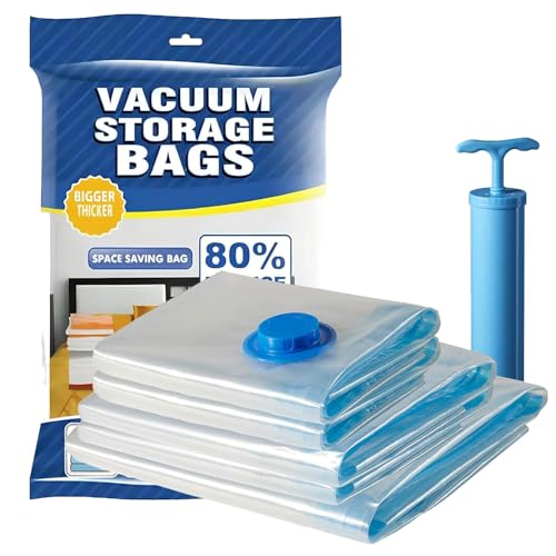 Image of Vacuum Compression Storage Bags with Hand Pump, Space Saver Bags for Moving, Travel, Comforters, Blankets & Seasonal Clothing Storage, (Pack of 5 (Small - 2, Medium -2, Large -1)