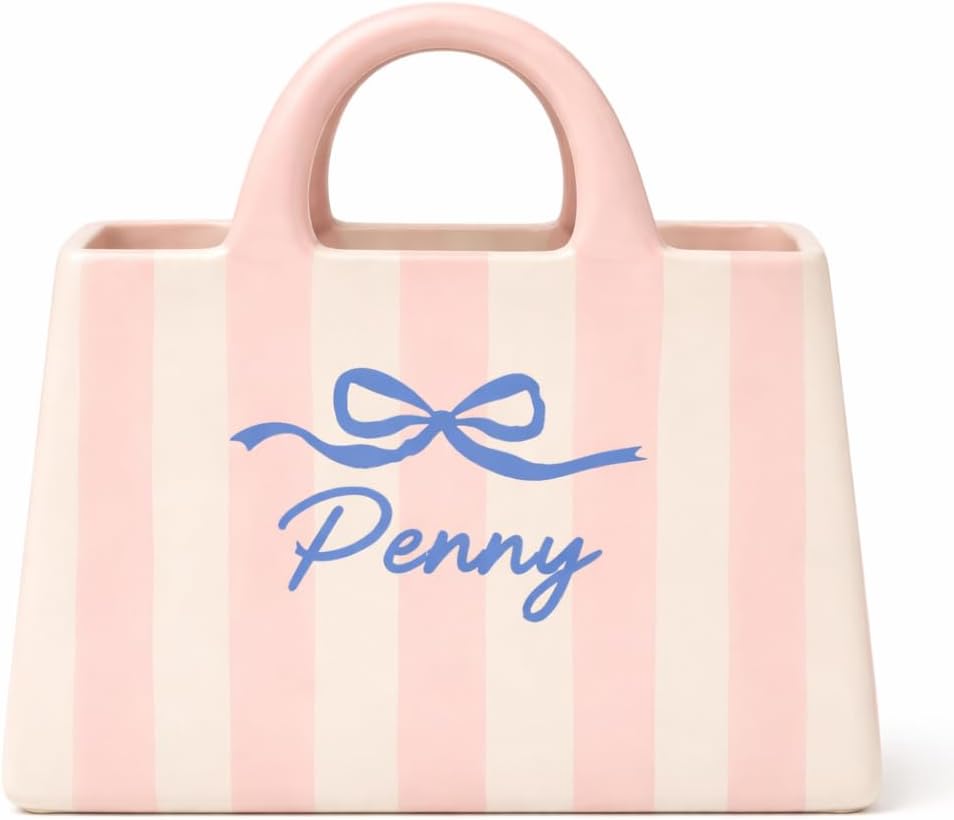 Personalization Universe Darling Bow Personalized Miranda Purse Planter, Ceramic, White & Pink Stripes, 7.75" W x 8.25" H x 3.5" D