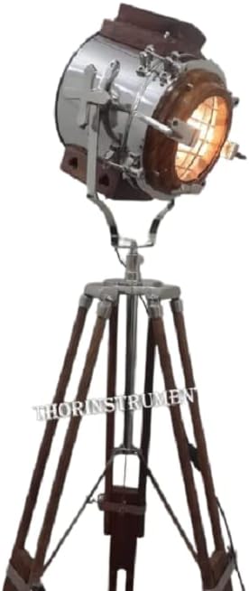 THOR INSTRUMENTS THOR INSTRUMENTS Chrome Light Focus Spotlight Searchlight with Heavy Wooden Tripod Stand Floor Lamp Rustic Vintage Home Decor Gifts