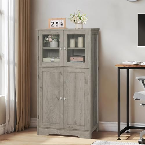 Iwell Bathroom Cabinet, Storage Cabinet with Glass Doors & Adjustable Shelf, Bathroom Storage Cabinet, Freestanding Cabinet for Living Room, Home Office, Grey