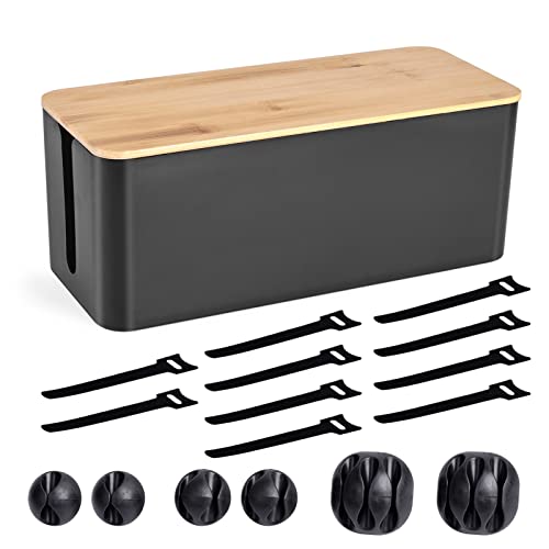 Cable Management Box - Wooden Style Cord Organizer Box to Hide Wires & Power Strips | Desk Computer Cable Organizer Box | Safe ABS Material | 12.6" (L) x 5.3" (W) 4.9" (H) | for Home & Office - Black by TuweChen - Used condition - US$17.10
