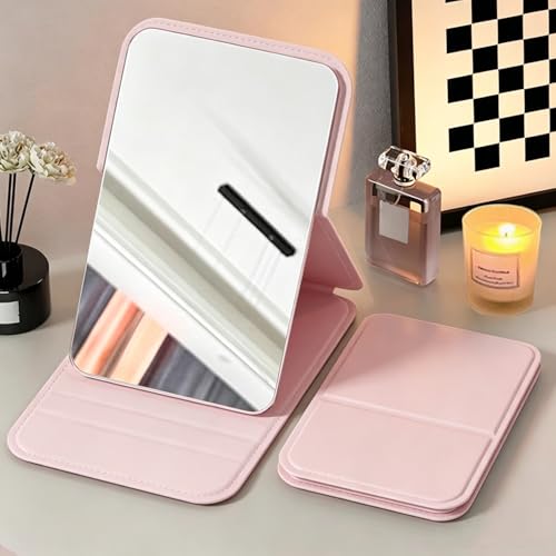 Espejo de maquillaje de mano portátil plegable rosa miniatura 1